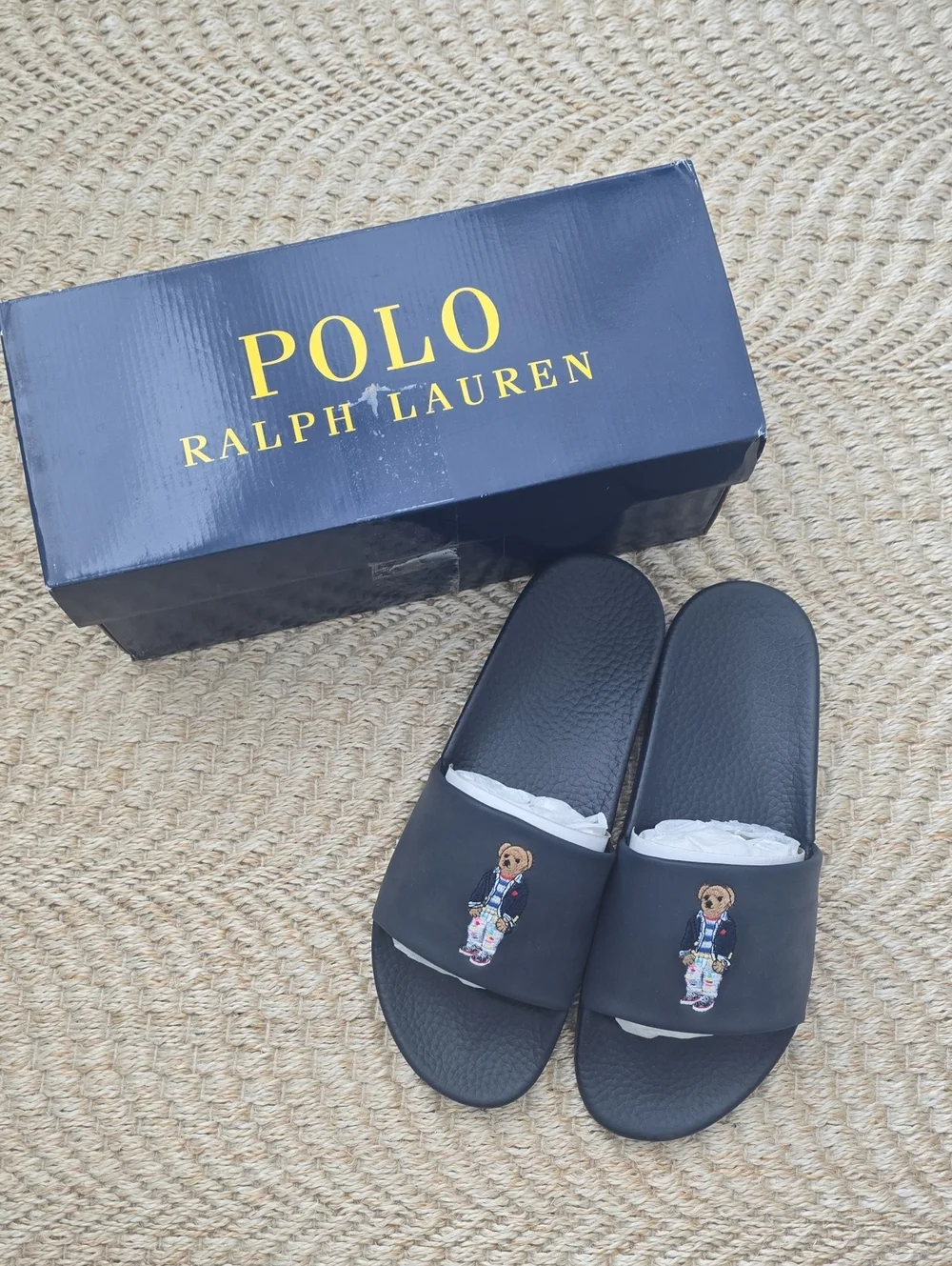 Men's Polo by Ralph Lauren Black Polo Bear Slide Sandals with Embroidered Bear